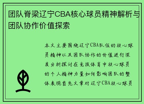 团队脊梁辽宁CBA核心球员精神解析与团队协作价值探索